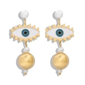 A1 Evil Eye Dangle Earrings Gold Tone Pearl Accents‎ Statement Jewelry